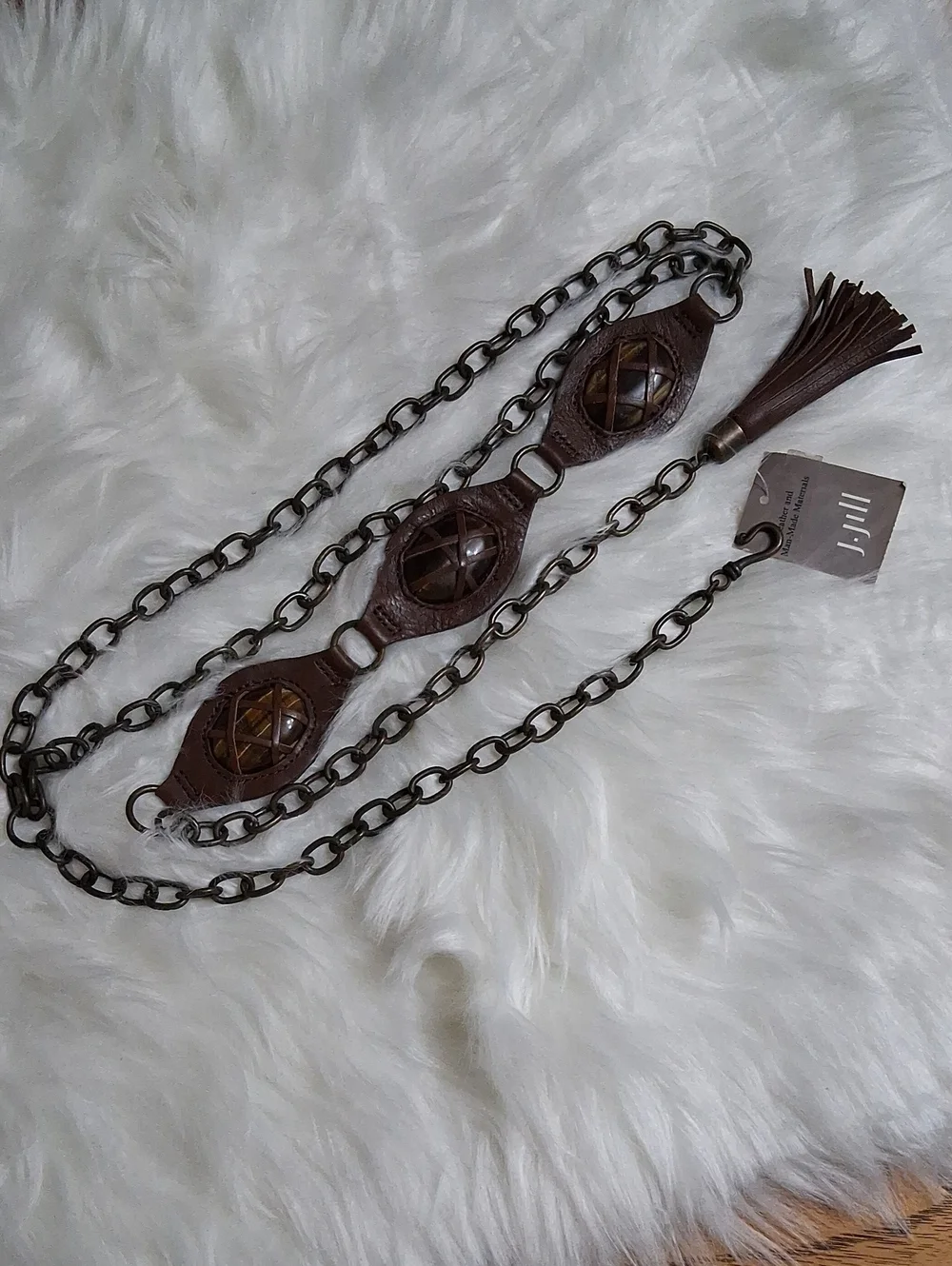 NWT J. Jill Boho Brown Leather Tassel Chain Belt-Bark Color-L/XL